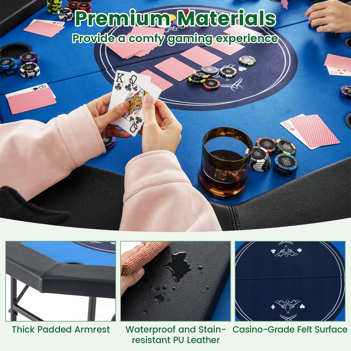 48" Foldable 8-Player Poker Table with Blue Casino Felt & Cup Holders