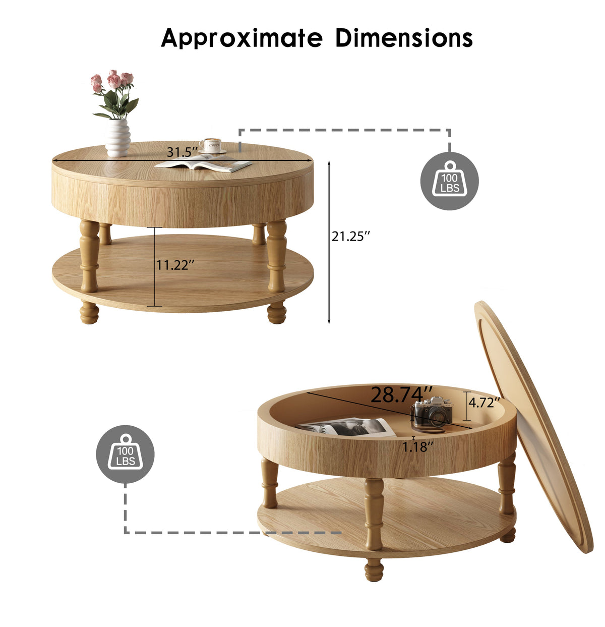 Round Coffee Activity Table with Dual Storage - Natural Wood, 31.5"