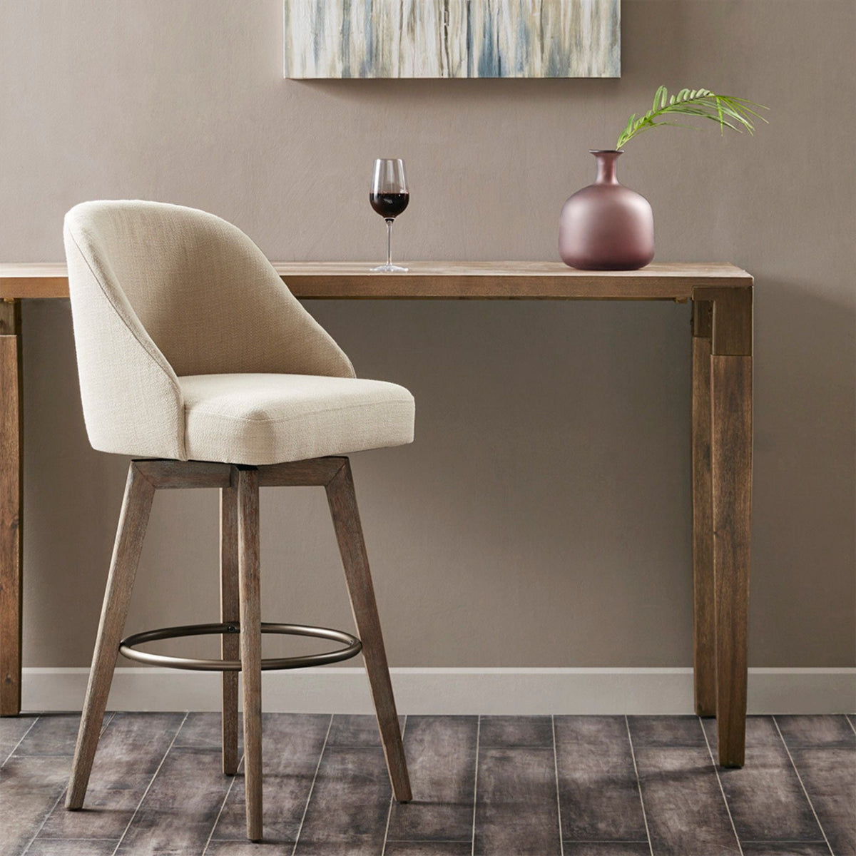 Modern 360-Degree Swivel Bar Stool in Sand | Solid Wood Frame