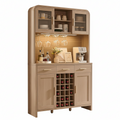 77" Tall Coffee Bar Cabinet with Storage and Wine Rack, Wine Cabinet for Dining Room Home with LED Lighting & Charging Station, Bar Cabinets for Kitchenwith Glass Holders, Oak