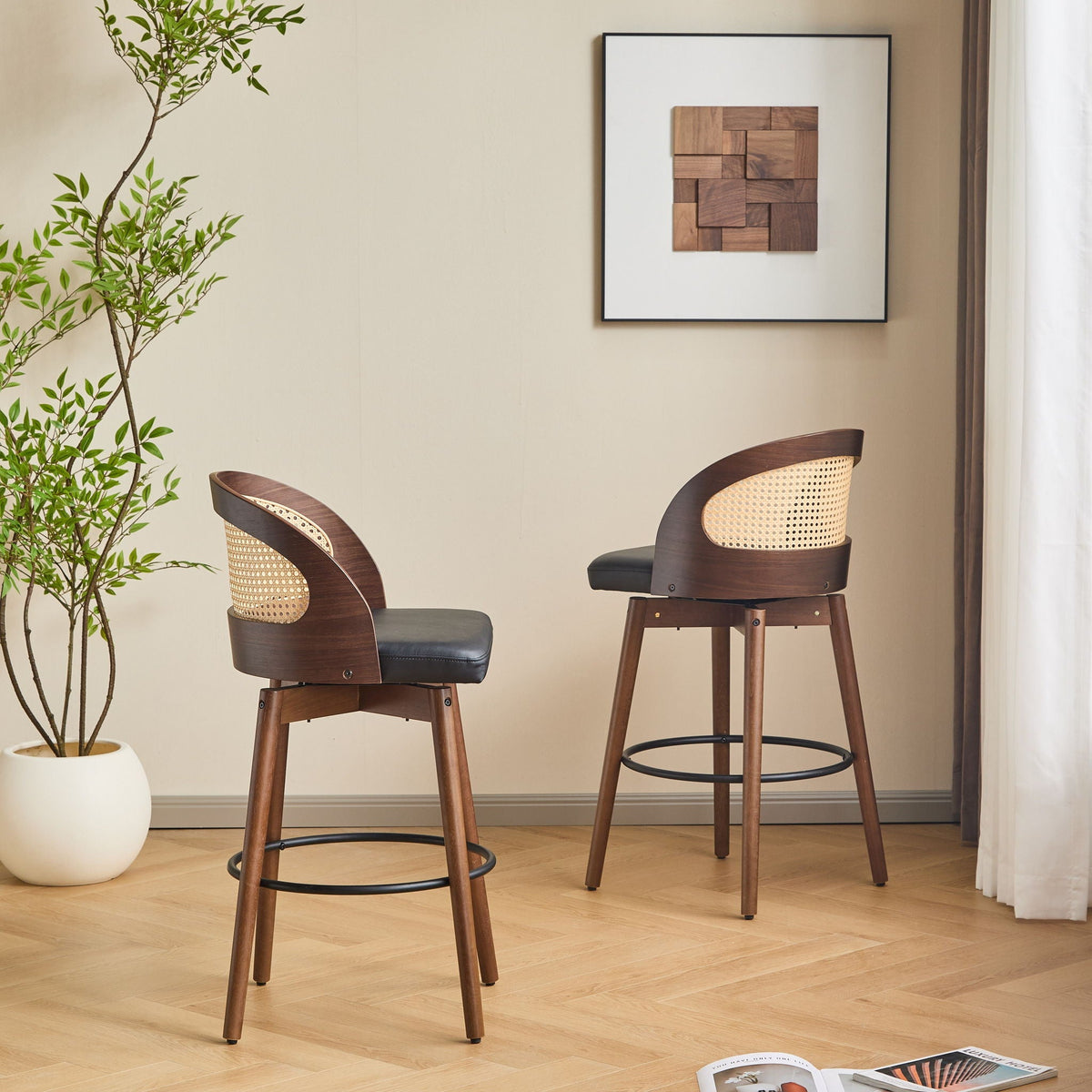Como Indoor Wood Barstool Set of 2 with Rattan Backrest - Black, Beige
