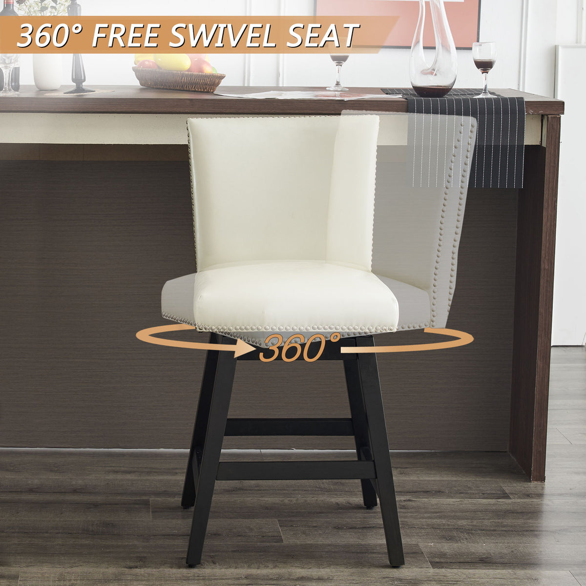 Upholstered Swivel Bar Stools High Back Set of 2 with 360° Swivel - Cream White