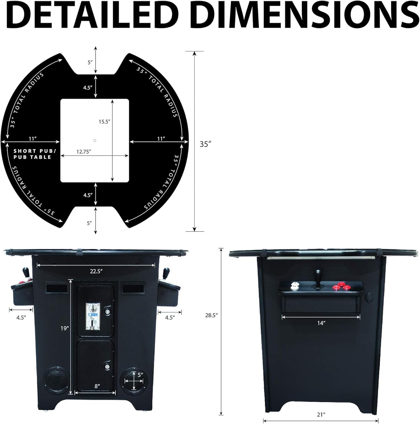 Arcade Full-Size Commercial Cocktail Machine - 2 Player, 60 Games, 22" LCD Screen, Round Glass Top, Dual Sanwa Joysticks, Includes 2 Stools, 3-Year Warranty