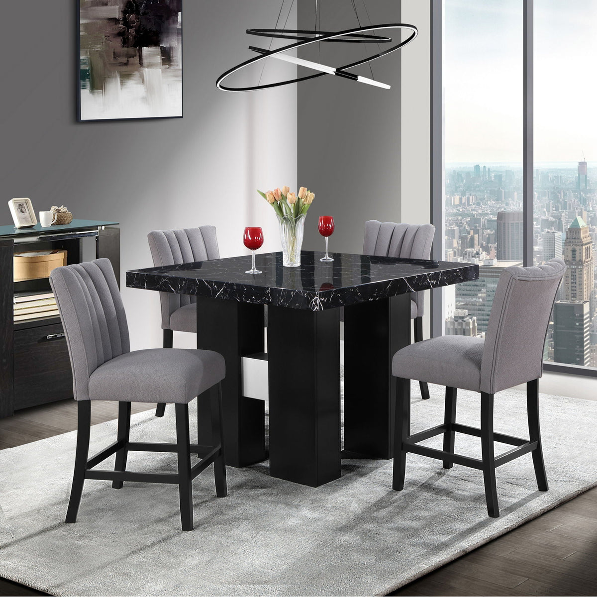 Faux Marble Bar Table and 4 Bar Stools Set with Double Pedestal Base - Black or White
