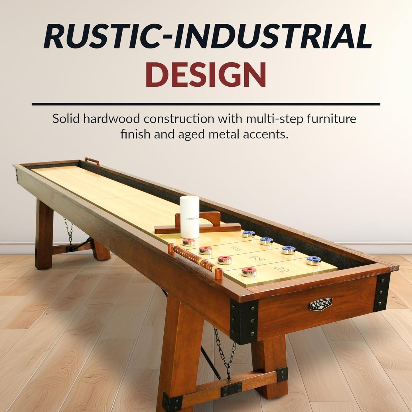 Cheyenne 12 Ft Shuffleboard Table for Family Arcade Game Room - with Poly-Coated Playfield, Built-In Scorer & Cabinet, Climate Adjusters, Leg Levelers, 8 Pucks, Brush & Wax – Rustic Oak