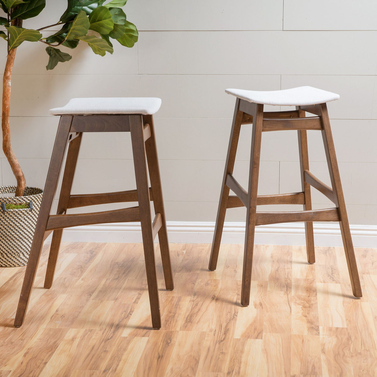 Mid Century Modern Bar Stool Set with Upholstered Seating - Beige or Dark Gray