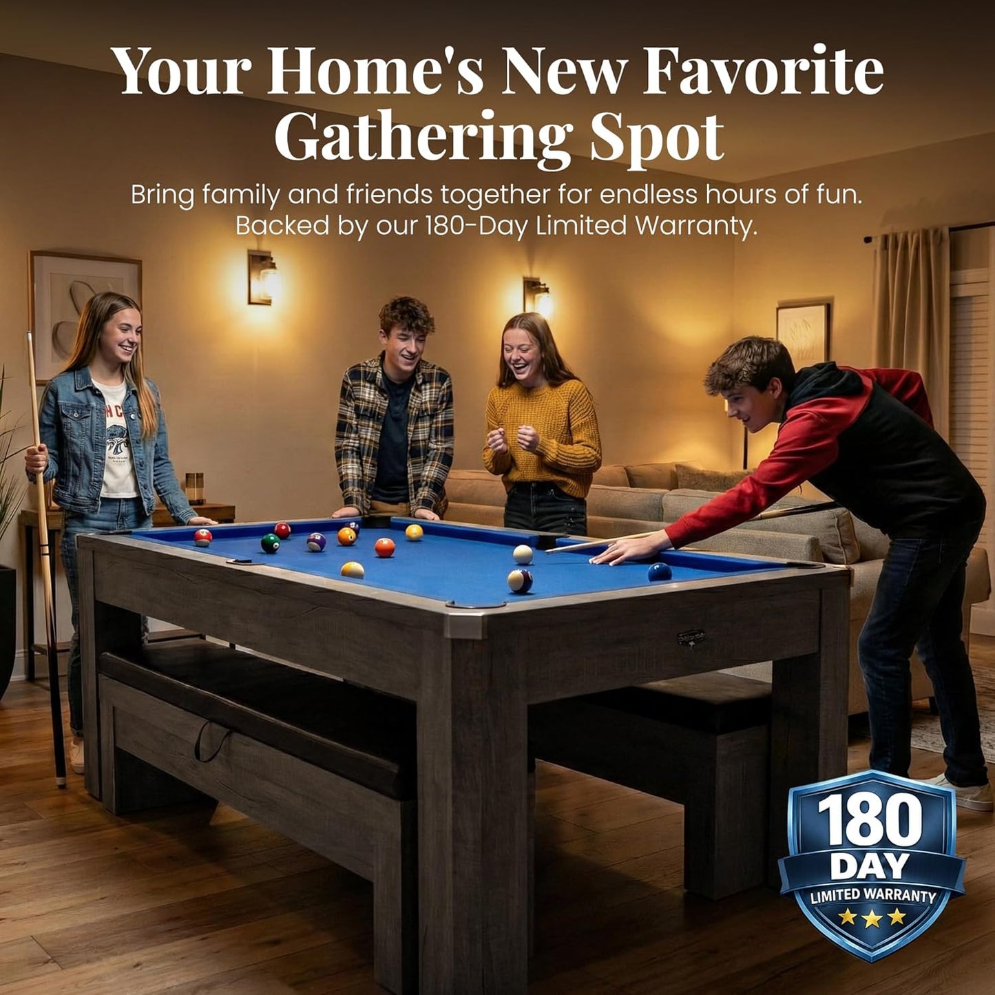 Newport 7 Foot Pool Table Combo – 3 in 1 Game Table with Reversable Table Tennis Top & Dining Top – Includes Game Accessories & Two Benches – Chrome Accents, Rustic Gray Finish, Blue Felt