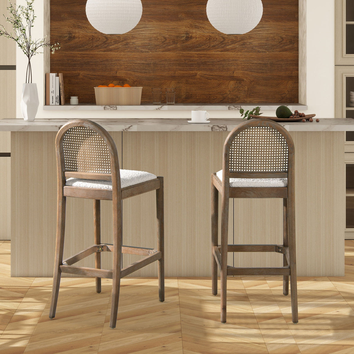 Curved Back Cane Bar Stools with Natural Cane Webbing - Black or White