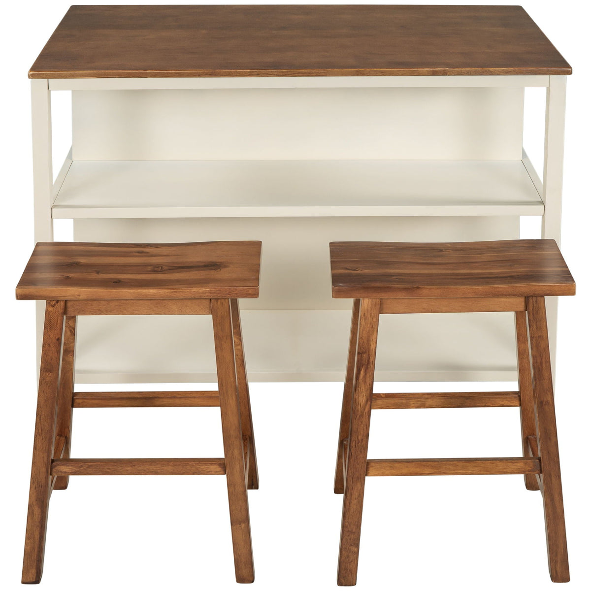 Rustic 3 Piece Stationary Kitchen Island Set with 2 Open Shelves - Light Brown