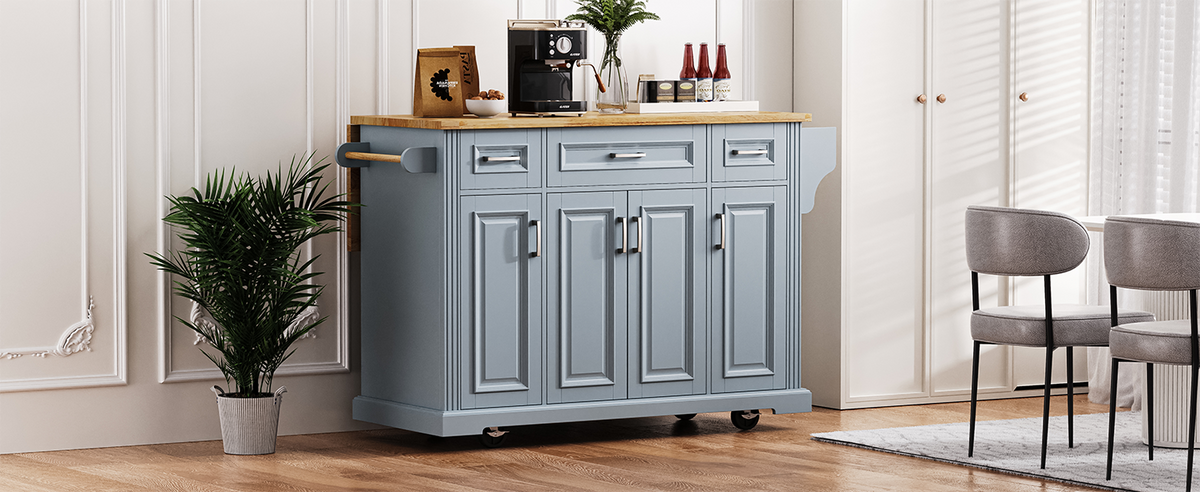 54" Large Kitchen Island with Rubber Wood Drop Leaf and Storage - Brown