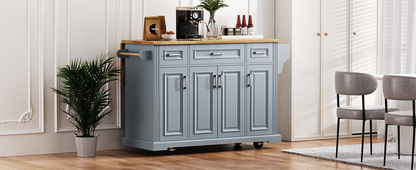 54" Large Kitchen Island with Rubber Wood Drop Leaf and Storage - Brown