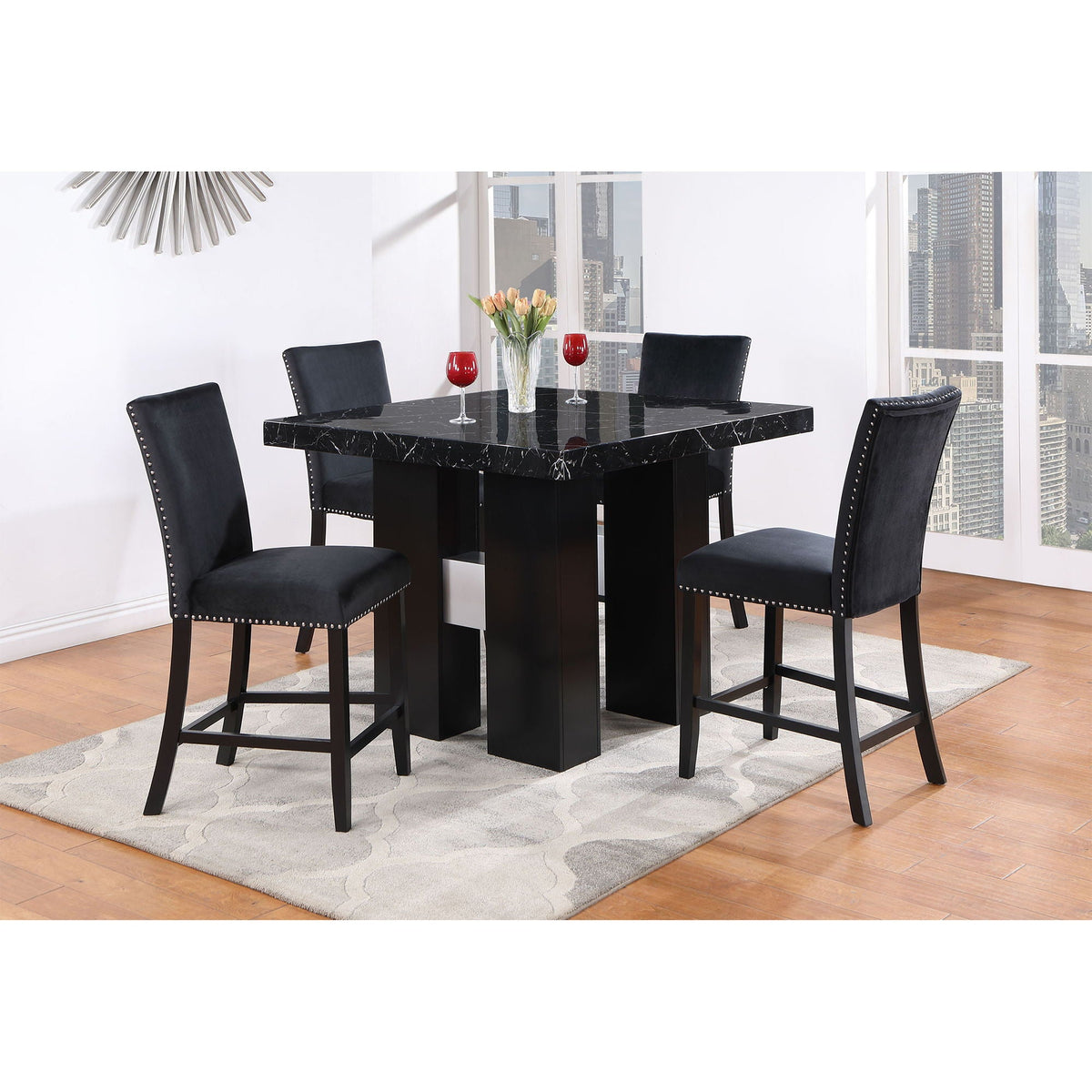 Faux Marble Bar Table and 4 Bar Stools Set with Double Pedestal Base - Black or White