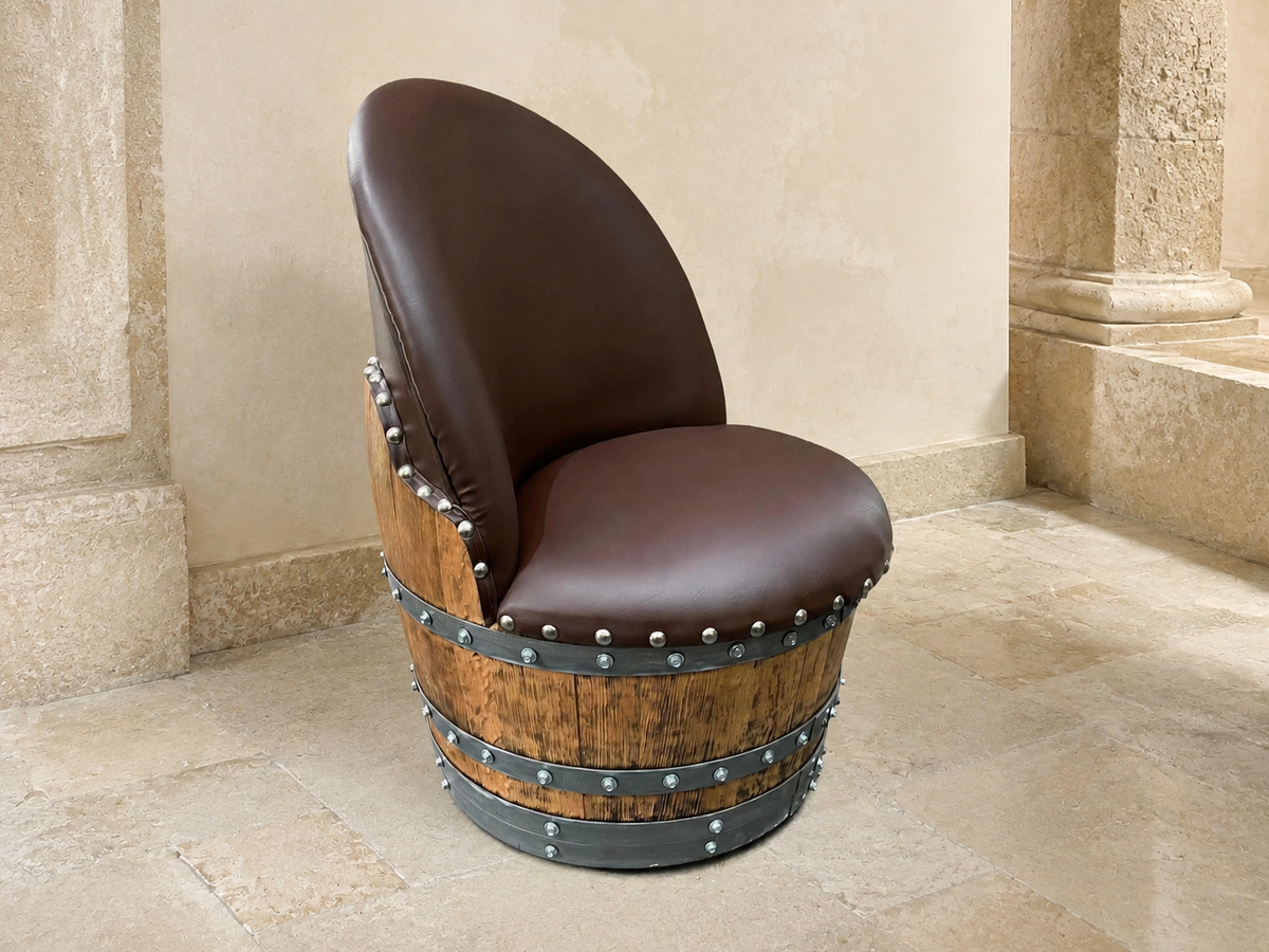 Handcrafted Oak Wine Barrel Lounge Chair with Hidden Storage