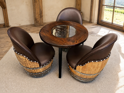 Whiskey & Wine Barrel Steel-Leg Table Set — 3 Chairs, Modern Build