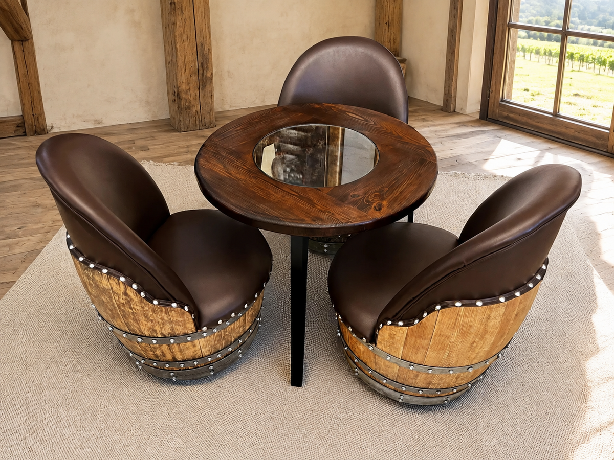 Whiskey & Wine Barrel Steel-Leg Side Table — Glass-Free Oak Top