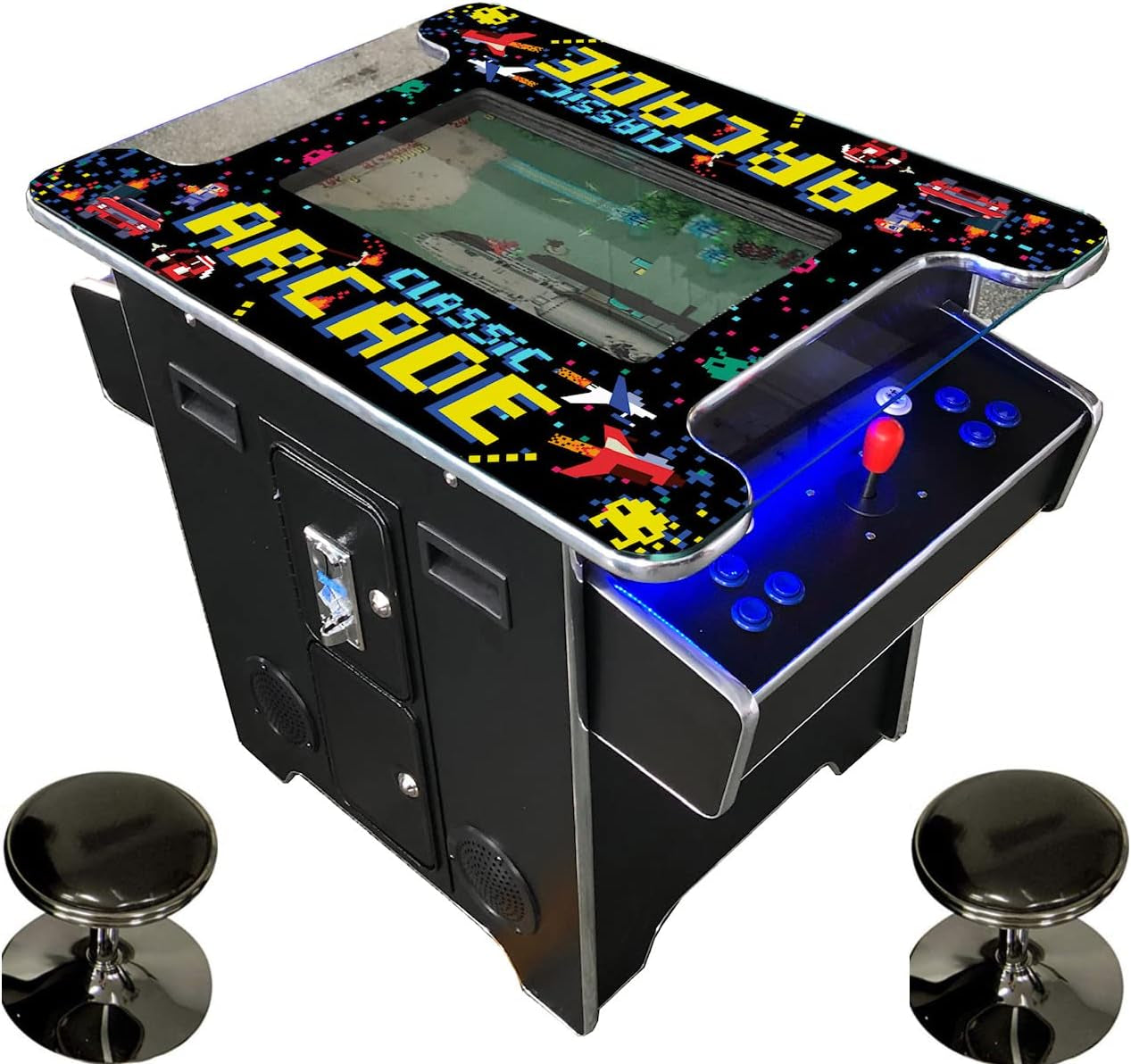 Commercial Grade Full Size Cocktail Arcade Machine for 2 Players with 60 Retro Games, 22" LCD Screen, Tempered Glass, Includes 2 Stools, 5-Year Warranty, Black Finish