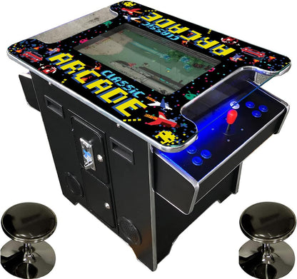 Commercial Grade Full Size Cocktail Arcade Machine for 2 Players with 60 Retro Games, 22" LCD Screen, Tempered Glass, Includes 2 Stools, 5-Year Warranty, Black Finish