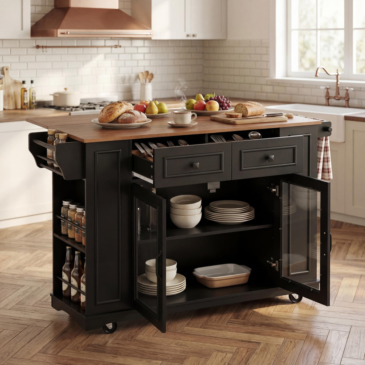 54" Mobile Kitchen Island with Glass Door Storage & Power Outlet - Black, Blue Gray, White