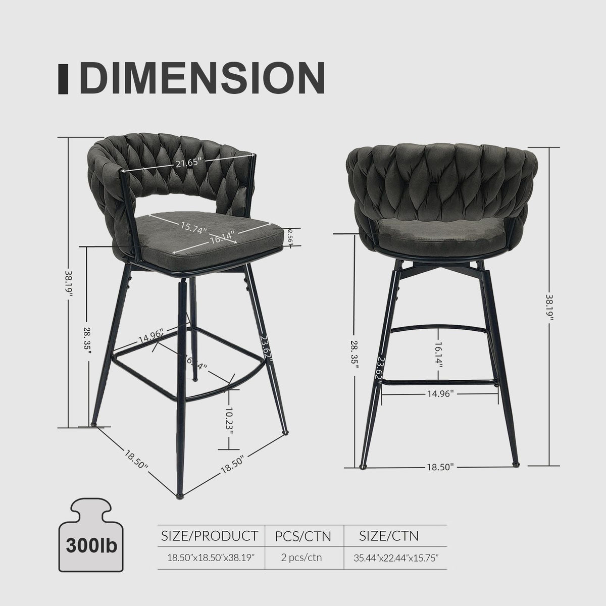 Bar Stool 360 Swivel with Back Footrest - Upholstered, Set of 2