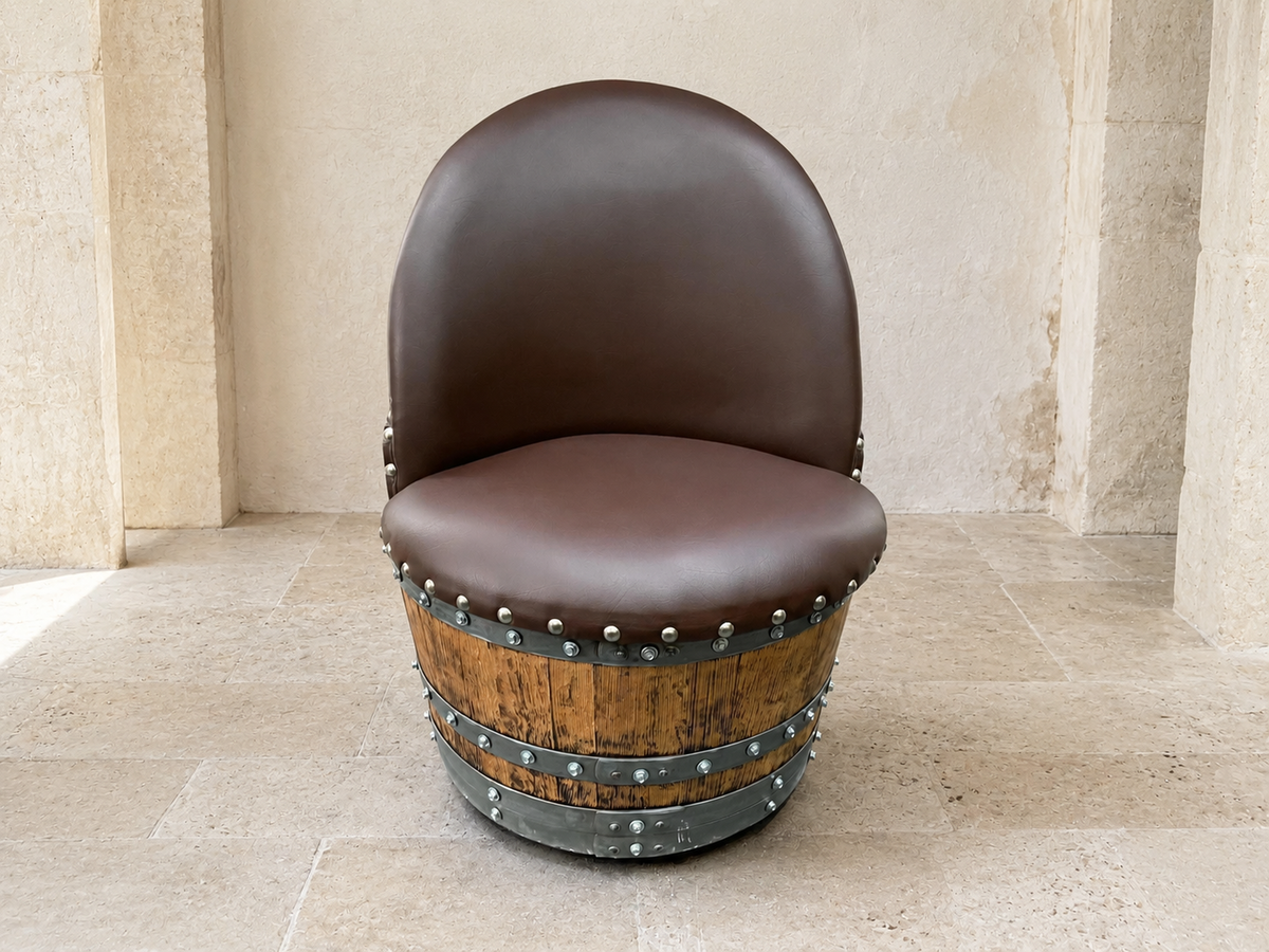 Handcrafted Oak Wine Barrel Lounge Chair with Hidden Storage