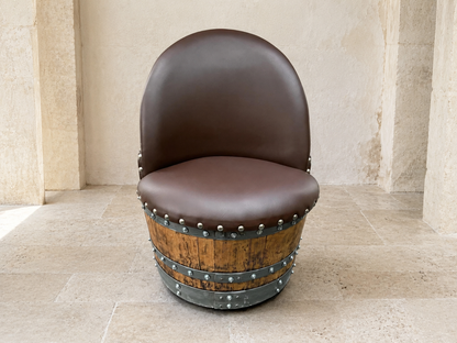 Handcrafted Oak Wine Barrel Lounge Chair with Hidden Storage