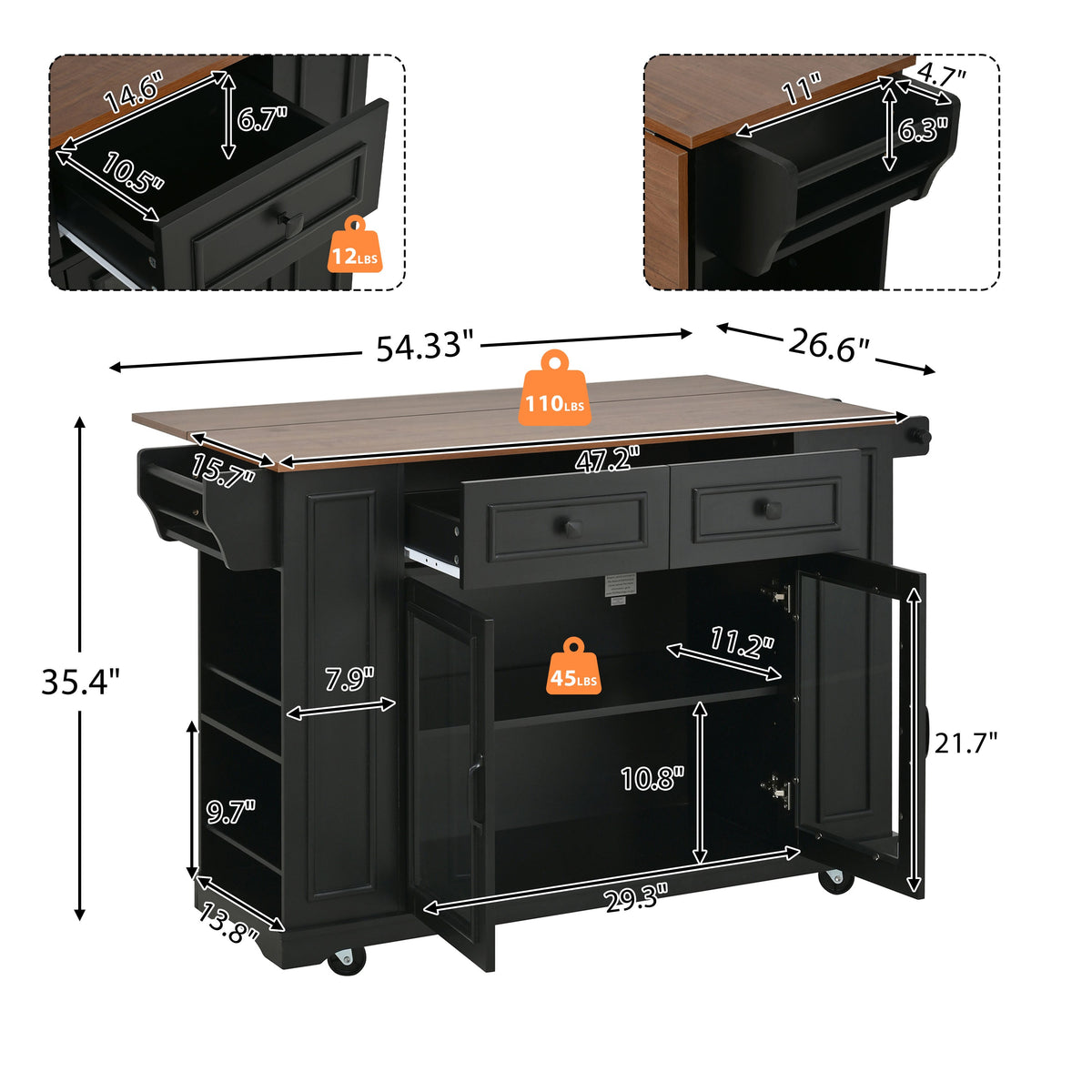54" Mobile Kitchen Island with Glass Door Storage & Power Outlet - Black, Blue Gray, White