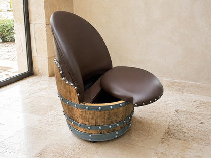 Handcrafted Oak Wine Barrel Lounge Chair with Hidden Storage