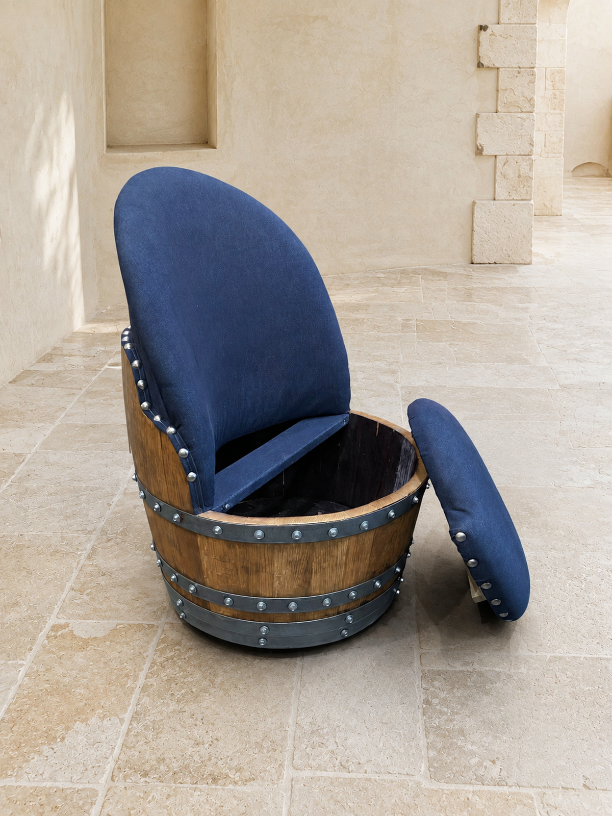 Whiskey & Wine Barrel Lounge Chair — Hidden Storage, Memory Foam, Blue Denim Upholstery (Limited)