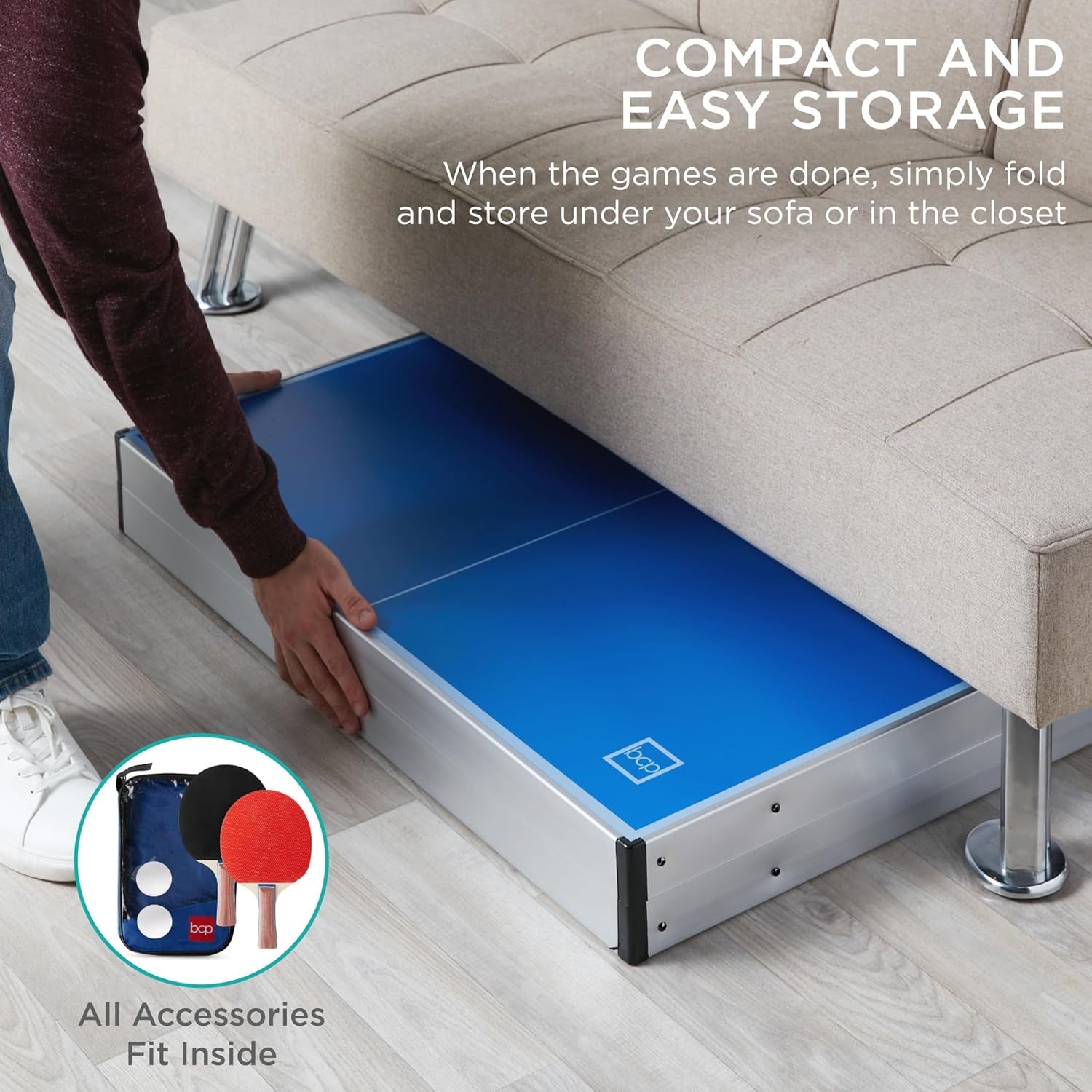 Portable Ping Pong Table, Mid-Size Folding Indoor Outdoor Table Tennis W/ 2 Paddles, 4 Balls Included, Carrying Bag