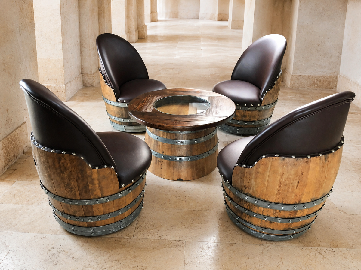 Handcrafted Oak Wine Barrel Lounge Chair with Hidden Storage