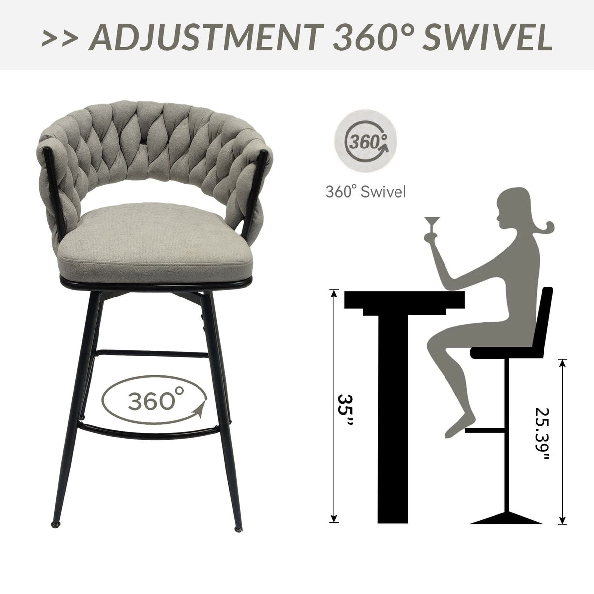 Bar Stool 360 Swivel with Back Footrest - Upholstered, Set of 2