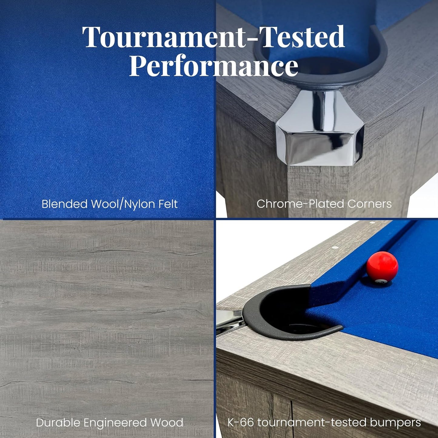 Newport 7 Foot Pool Table Combo – 3 in 1 Game Table with Reversable Table Tennis Top & Dining Top – Includes Game Accessories & Two Benches – Chrome Accents, Rustic Gray Finish, Blue Felt
