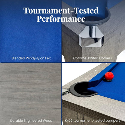 Newport 7 Foot Pool Table Combo – 3 in 1 Game Table with Reversable Table Tennis Top & Dining Top – Includes Game Accessories & Two Benches – Chrome Accents, Rustic Gray Finish, Blue Felt