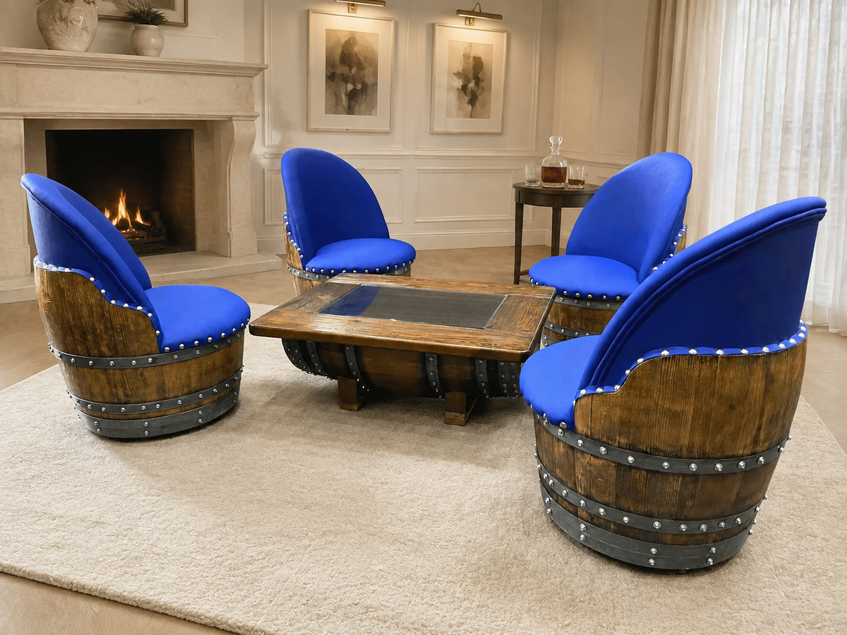 Whiskey & Wine Barrel Coffee Table Set — 4 Chairs