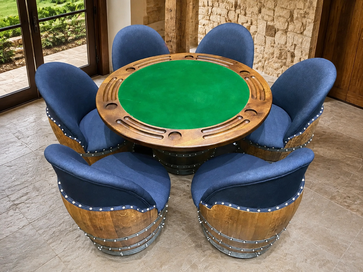 Whiskey & Wine Barrel Game Table Set — Poker Top and Dining Top Included, 6 Chairs