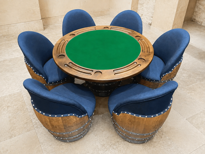 Whiskey & Wine Barrel Lounge Chair — Hidden Storage, Memory Foam, Blue Denim Upholstery (Limited)