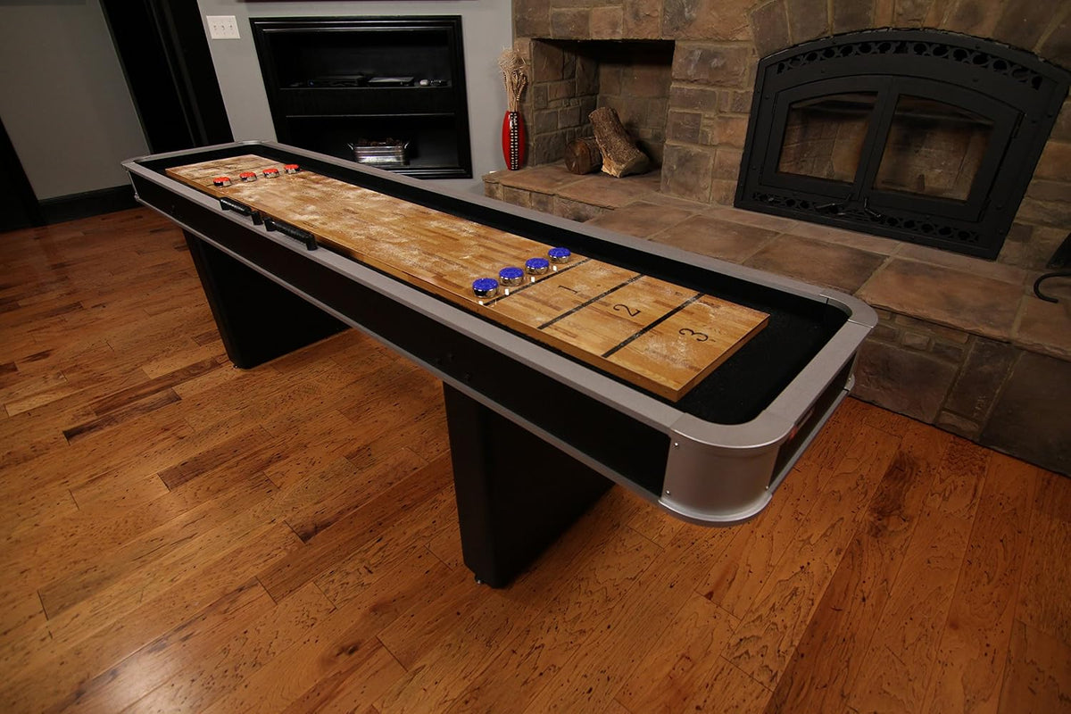 9-Foot LED Shuffleboard Table with Poly-Coated Surface for Enhanced Puck Performance and Adjustable Pedestal Legs for Optimal Stability