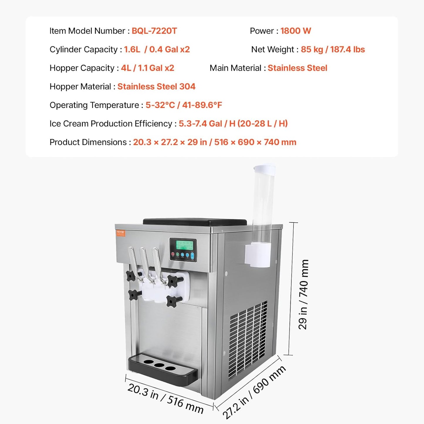 Commercial Ice Cream Machine, 21 QT/H Soft Serve Ice Cream Maker with LCD Panel Auto Clean 3-Flavor Pre-Cooling for Restaurant Snack Bar