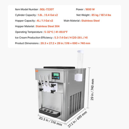 Commercial Ice Cream Machine, 21 QT/H Soft Serve Ice Cream Maker with LCD Panel Auto Clean 3-Flavor Pre-Cooling for Restaurant Snack Bar