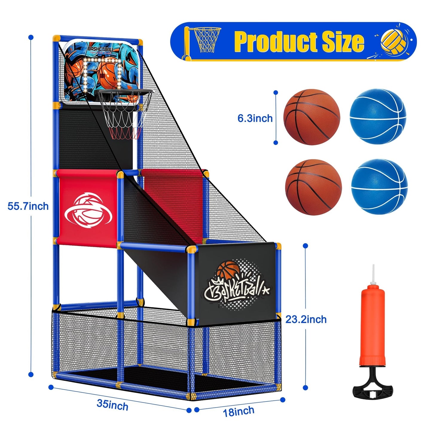 Kids Arcade Basketball Hoop with 4 Balls, Indoor Outdoor Single Shot Basketba...