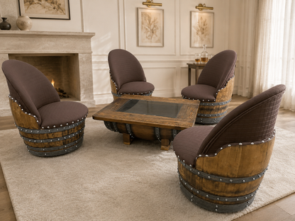 Whiskey & Wine Barrel Coffee Table Set — 4 Chairs