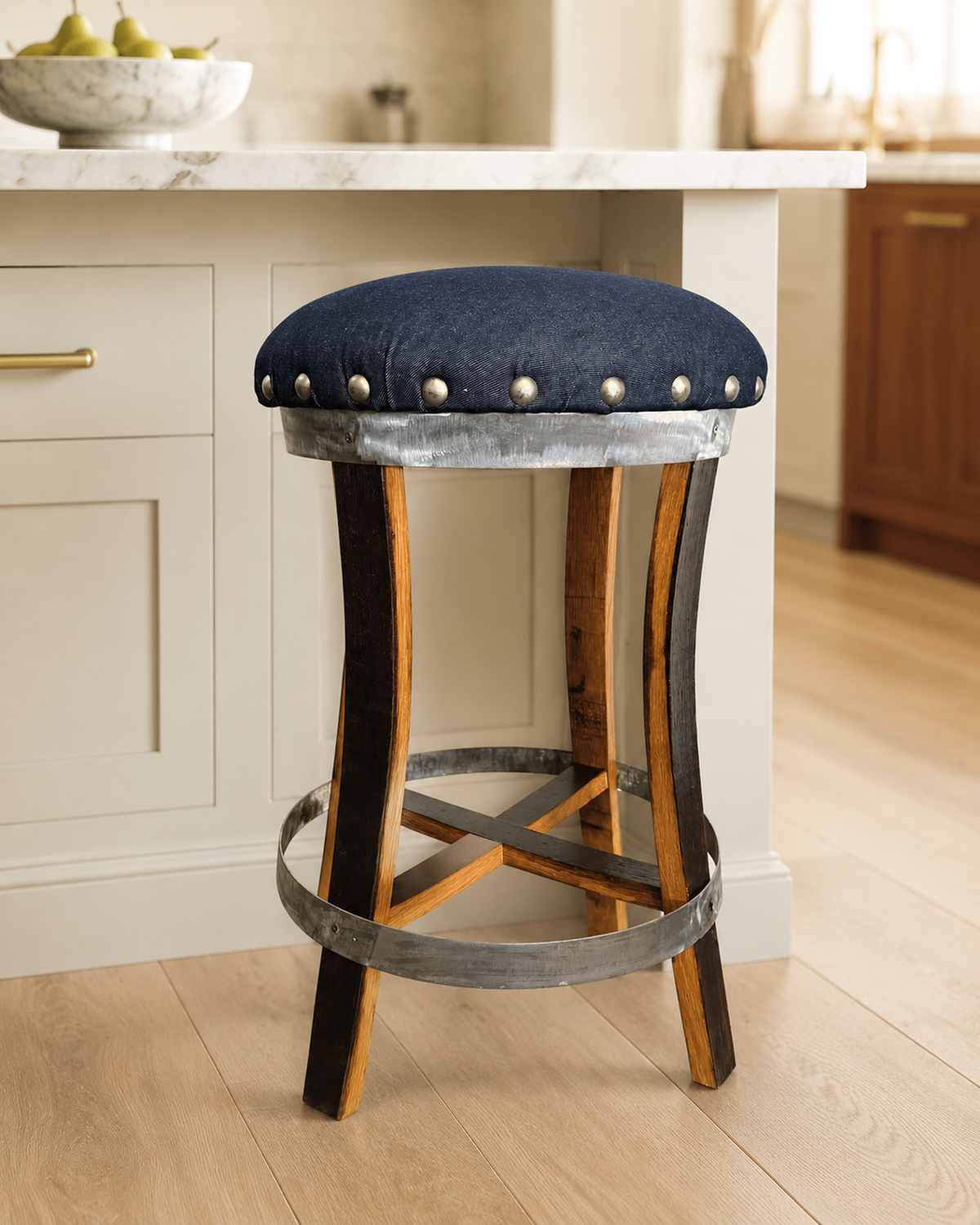 Whiskey & Wine Barrel Stool — Memory Foam, Dark Navy Blue Upholstery