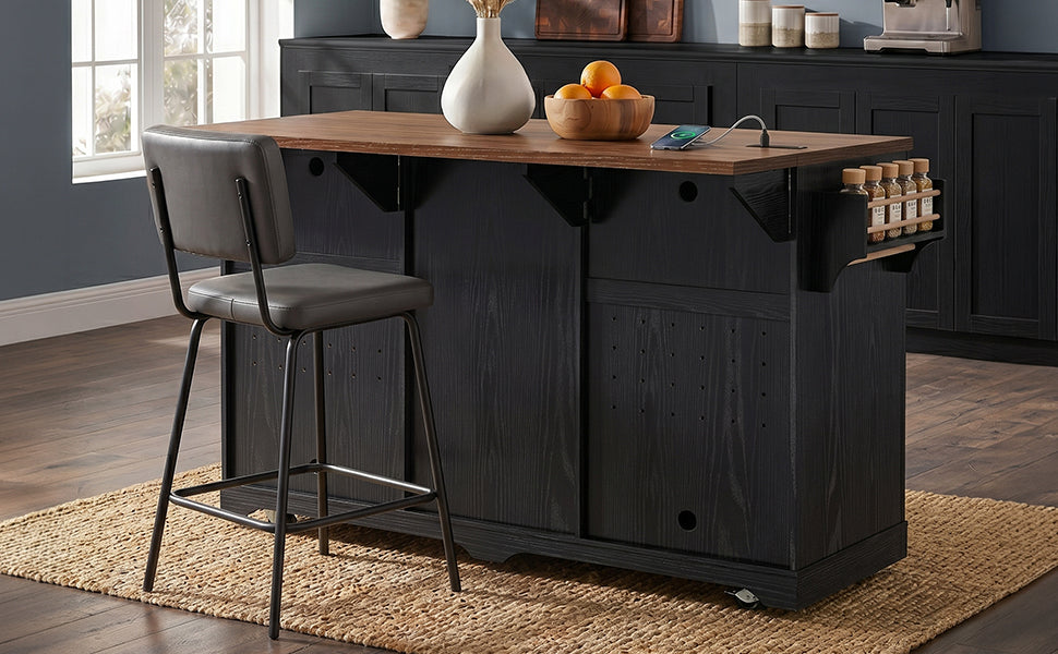 72" Farmhouse Kitchen Island with Fridge Storage & Power Outlet - Black