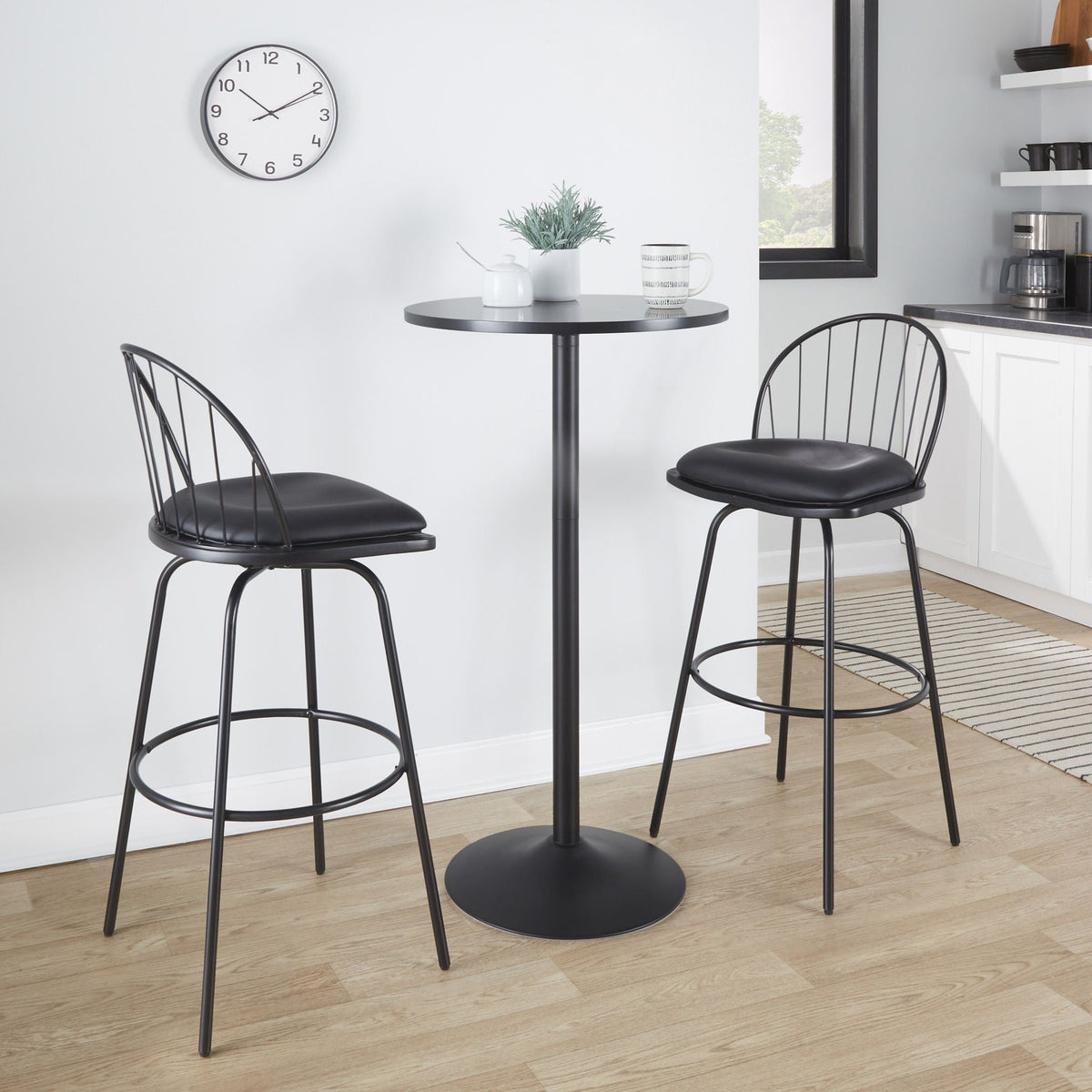 Farmhouse Barstool Set with Swivel and Round Footrest - Black or Dark Brown