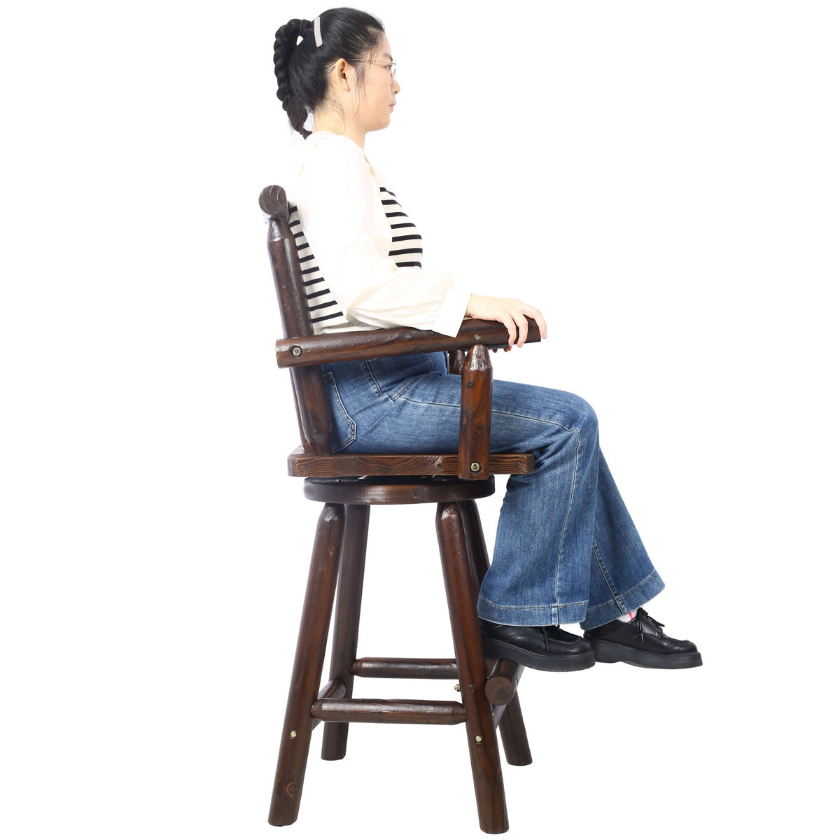 Rustic Bar Stool with Wide Armrest and 360° Swivel - Dark Brown or Light Brown