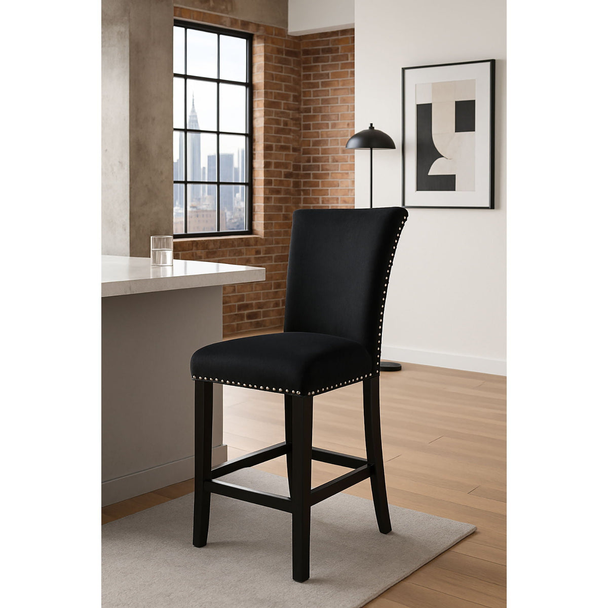 Black Bar Stool Set with Velvet Upholstery - Mikha (Set of 2)