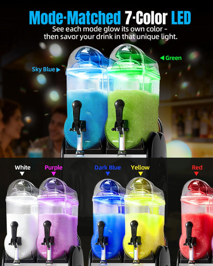 36L Commercial Slushie Machine 2 Tanks 9.5 Gal Frozen Drink Machine for Margarita Wine Slushies, 7-Color LED Light, 5 Smart Modes, Auto Clean, Slushy Machine for Bar Café Restaurant Party 120V/60Hz