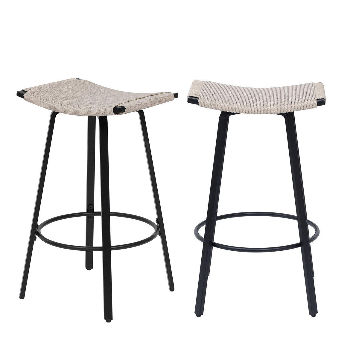 Counter Height Bar Stools Backless Handwoven Set with Round Footrest - Creamy White