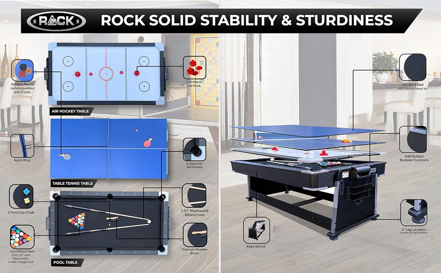 Triad 7-Foot 3-In-1 Multi-Game Swivel Table - Billiards/Pool, Table Tennis & Air Hockey