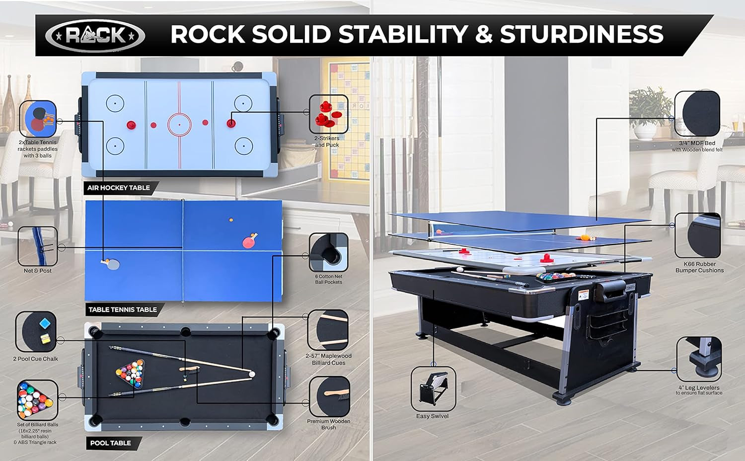 Triad 7-Foot 3-In-1 Multi-Game Swivel Table - Billiards/Pool, Table Tennis & Air Hockey